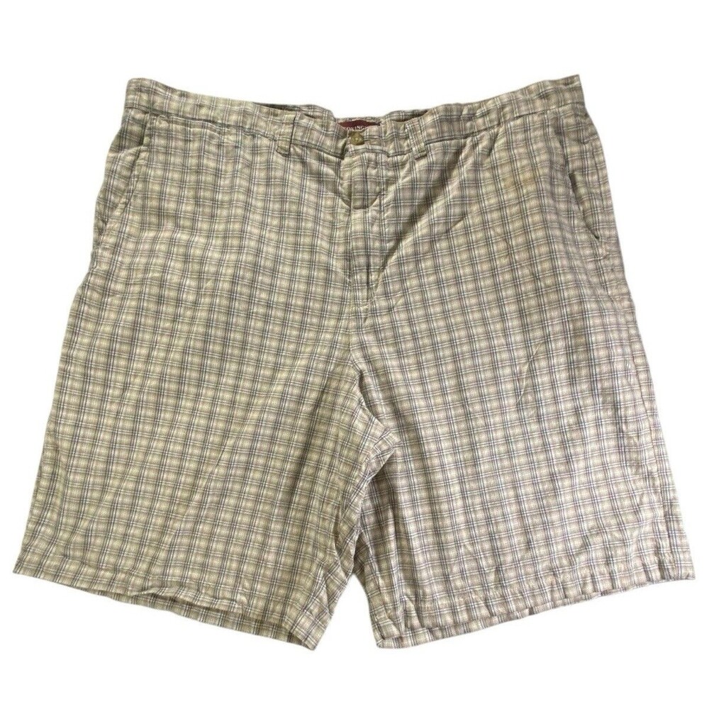 Covington Men’s Shorts Size 44 Beige Blue Plaid Flat Front Cotton 11 Inseam